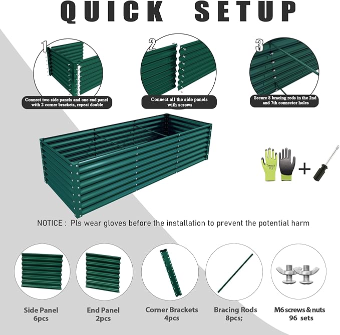 1 Pack 8x3x2FT Galvanized Raised Garden Bed Kit Retangular Metal Ground Planter Box Outdoor Bottomless Planter Raised Beds for Vegetables Flowers Herbs Fruits, Green-Ruum Studio Home