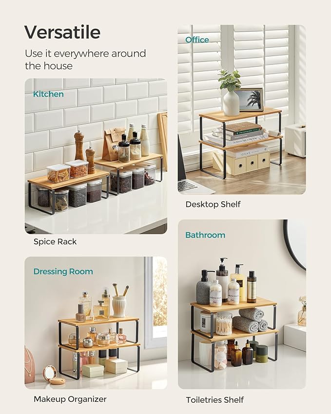 SONGMICS Cabinet Organizer Shelf, Set of 2 Kitchen Counter Shelves, Kitchen Storage, Spice Rack, Stackable, Expandable, Metal and Engineered Wood, Ink Black and Natural Beige UKCS200B01-Ruum Studio Home