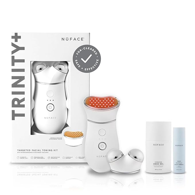 NuFACE TRINITY+ Microcurrent Facial Device + LED Red Light Wrinkle Reducer Attachment - FDA Cleared Skin Tightening Device + Microcurrent Gel Activator & Silk Creme-Ruum Studio Home