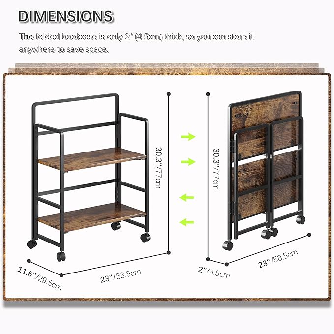 4NM 2 Tiers No-Assembly Folding Bookshelf with Wheels, Portable Rolling Storage Bookcase & Compact Side Table for Living Room, Bedroom, Kitchen, Bathroom (Rustic Brown and Black)-Ruum Studio Home