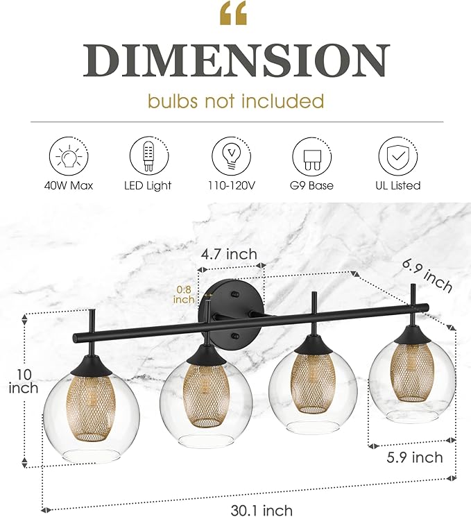 Bathroom Light Fixtures, 4-Light Black and Gold Vanity Lights Over Mirror, 30inch Farmhouse Wall Sconce Lighting with Clear Glass and Honeycomb Metal Shade, AD-22001-4W-BK-Ruum Studio Home