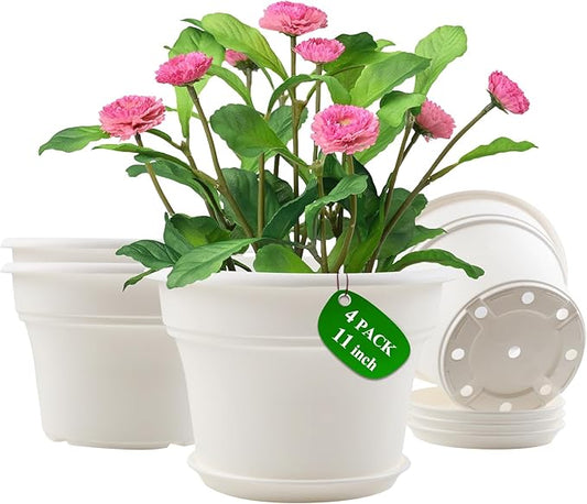 11 Inch Plastic-Flower-Pot-for-Indoor-Plants, 4 Pack Large Outdoor Planter Pot with Drainage Holes & Saucers, Resin Decorative Garden Pots Planters-Ruum Studio Home