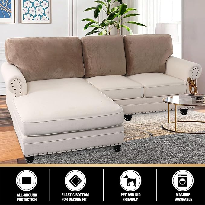 PrinceDeco Sectional Couch Covers Velvet Cushion Covers for Sectional Couch Cushion Covers for Sectional Sofa Separate Sectional Sofa Slipcovers Washable(1 Chaise Back+ 2 Sofa Back,Taupe)-Ruum Studio Home