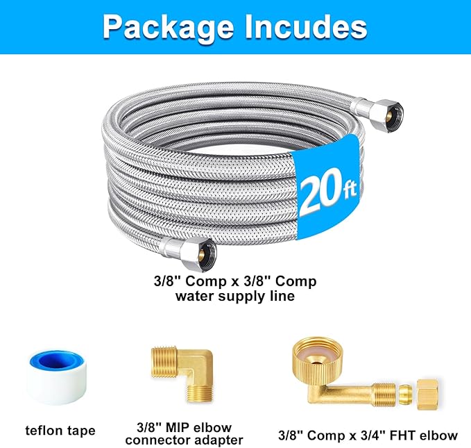 Dishwasher Installation Kit - 20 FT Premium Stainless Steel Braided Dishwasher Hose kit,Food Grade PEX Inner Tube Dishwasher Water Supply Line with 3/8"x3/8"MIP Elbow,3/8"x 3/4" FHT Elbow-Ruum Studio Home