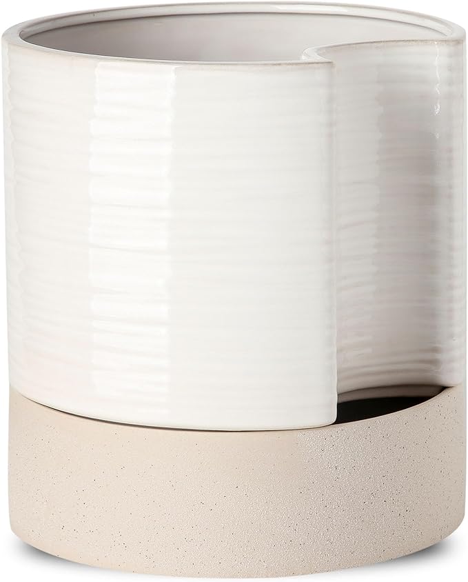 Nihow Self Watering Plant Pot: 8 Inch Ceramic Planter with Drainage Hole & Water Storage Plus for Indoor & Outdoor Plants - Cylinder Round Flower Pot for Succulent/Herbs/Violets - Cream White & Brown-Ruum Studio Home
