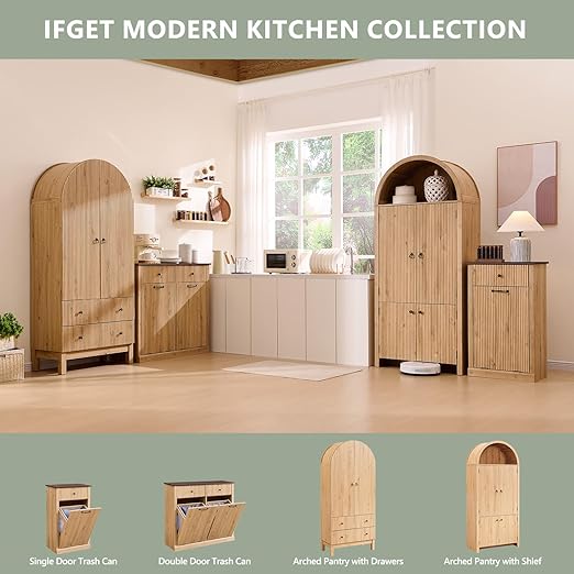 Modern Tilt-Out Trash Can Cabinet, 10 Gallon Fluted Laundry Hamper Cabinet with Drawers, Wooden Hidden Garbage Can Cabinet w/Storage Basket, Free Standing for Kitchen & Living Room,Natural Oak-Ruum Studio Home