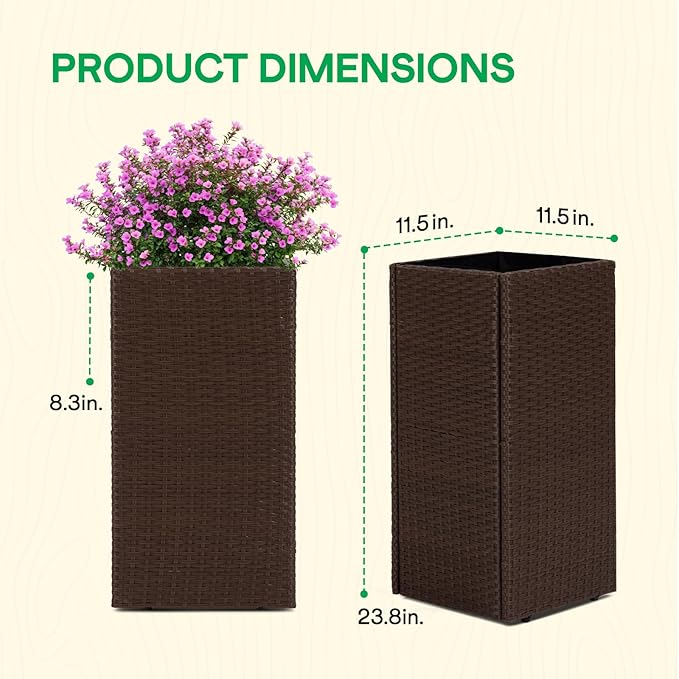 IDZO All-Weather Wicker Planters, Set of 2, 24 in Tall Wicker Planters, Self-Watering with Drainage, Durable PP Material, Raised Garden Bed Alternative, Indoor Outdoor Use, Modern Rattan Design-Ruum Studio Home