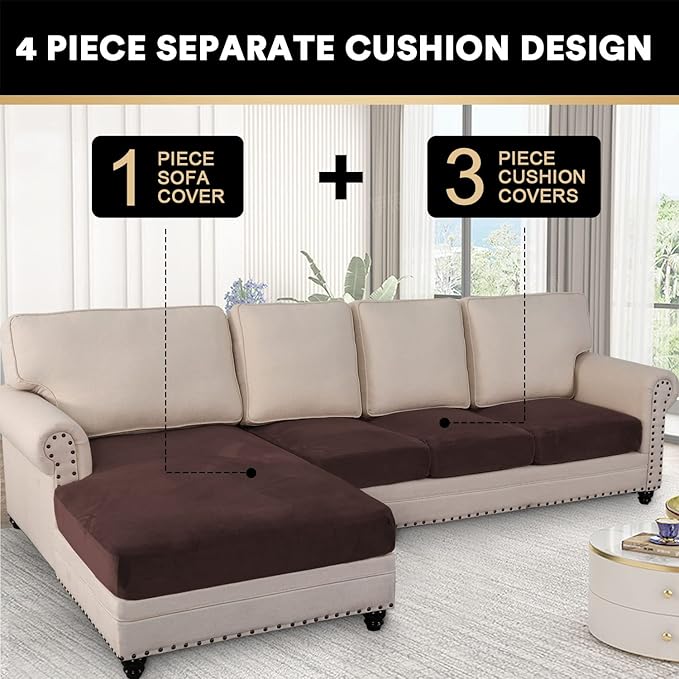 PrinceDeco Sectional Couch Covers 4 Pieces Velvet Separate Couch Cushion Covers L Shape for Left/Right Chaise Sectional Couch with Elastic Bottom (3 Seater + 1 Chaise,Brown)-Ruum Studio Home