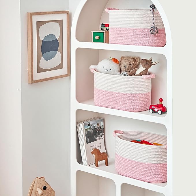 Storage Baskets for Organizing | 15"x10.2"x9.1" - 1 Pack Nursery Bin with Handles - Woven Cotton Rope Baskets for Dog Toys, Books, Shelf, Bathroom,Closet -Pink Basket for Girls-Ruum Studio Home