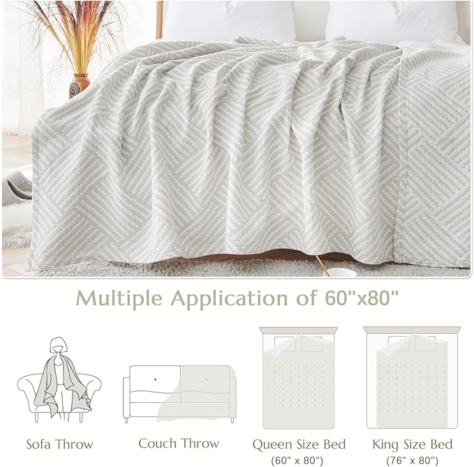 jinchan Boho 100% Cotton Blanket Muslin Twin Size 60x80 Inches Lightweight 3-Layer Geometric Square Pattern Reversible Quilt Throw Soft Breathable Comfy All Seasons for Couch Bed Decor, Light Grey-Ruum Studio Home