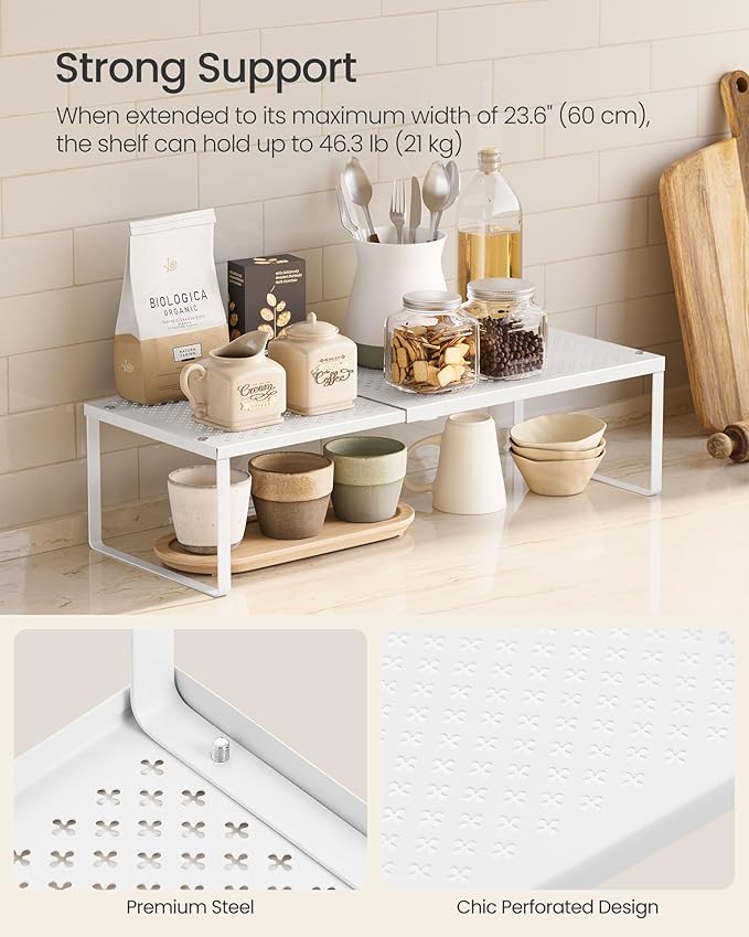 SONGMICS Spice Rack, Expandable Kitchen Countertop Shelf, Small Cupboard Organizer, Metal, Space-Saving Tabletop Shelf, Matte White UKCS007W01-Ruum Studio Home