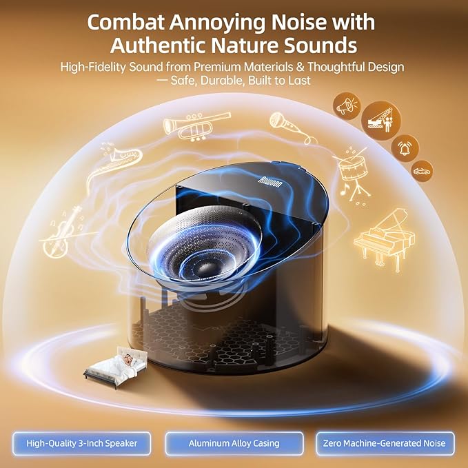 Sound Machine & Soothing Light |Optional Expan. Aroma Diffuser & Schumann Resonance (Add'l Purchase) |Premium Metal Shell with 50+ Calming Sounds System for Sleep, Focus, Relaxation –Adults Kids Baby-Ruum Studio Home