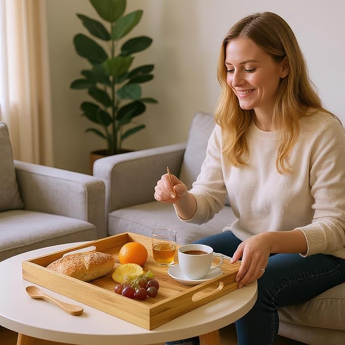 Koppen Acacia Wood Serving Tray with Handles, 17" x 13.86", Large Wooden Platter for Breakfast, Ottoman Tray for Party, Snacks, Fruit, Coffee Table, Living Room, Sofa, Bed, Outdoor-Ruum Studio Home