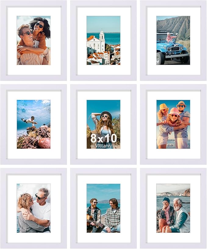 Vittanly 8x10 Picture Frames Set of 9, Shatter Resistant Plexiglass, Display 5x7 Pictures with Mat or 8x10 without Mat, Photo Frames for Wall or Tabletop, Engineered Wood, White-Ruum Studio Home
