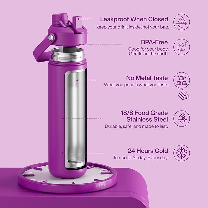 Insulated Water Bottle with Straw Stainless Steel Water Bottle, Leak-Proof, BPA-Free, Double Wall Vacuum Keeps Cold for 24 Hours for Sports, Travel, School (26 oz, Bright Magenta)-Ruum Studio Home