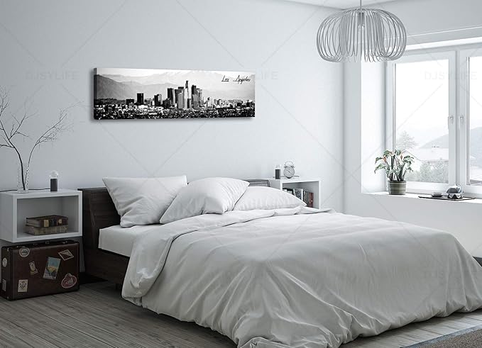 DJSYLIFE Los Angeles Skyline Wall Art Black and White USA Panoramic Cityscape Picture Canvas Prints Artwork for Bedroom Men Room Office Decoration Painting Ready to Hang 13.8"x47.3"-Ruum Studio Home