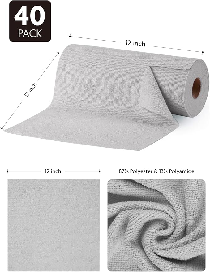 Fantasticlean Microfiber Cleaning Cloth Roll -40 Pack, Tear Away Microfiber Towels, 12" x 12", Reusable, Washable, Scratch Free, Ultra Absorbent Dish Rags for Car, Home, Garage or Shop (Grey)-Ruum Studio Home