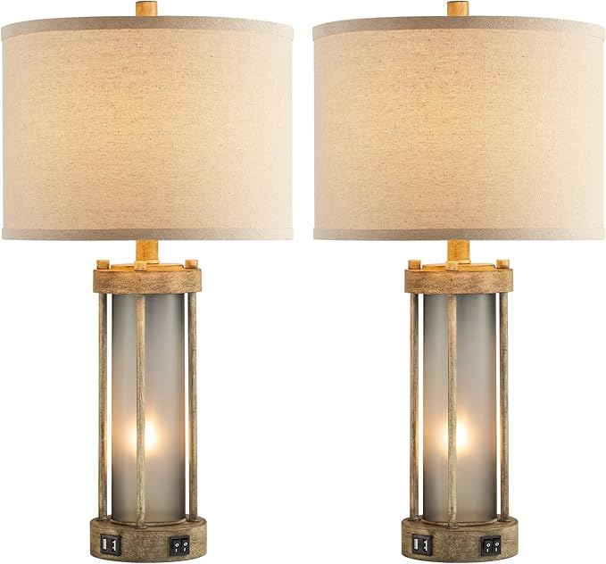 Farmhouse Table Lamps Set of 2 for Living Room, Vintage Bedroom Nightstand Lamp with Dual USB Ports, Bedside Lamp with Frosted Glass Nightlight for End Table Entryway, 4 Bulbs Included (Earthy Gray)-Ruum Studio Home