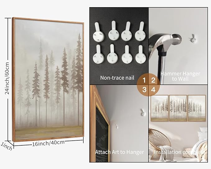 SIGNINART Large Pine Tree Framed Canvas Wall Art Set, Foggy Forest Landscape Wall Decor, Modern Beige Nature Artwork, Misty Forest Wall Painting for Living Room, Bedroom,Office 16 x24 x3-Ruum Studio Home