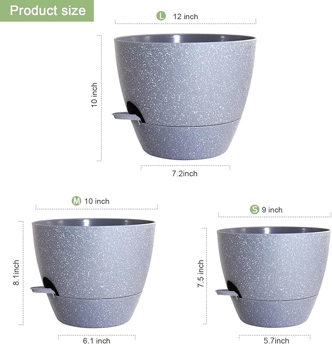 Big Self Watering Pots 12/10/9 inch, Planter, Plant Pots with Mesh Drainage Holes for Indoor Outdoor Garden Plants, Plastic Flower Pots with Removable Deep Reservoir, Speckled Grey-Ruum Studio Home