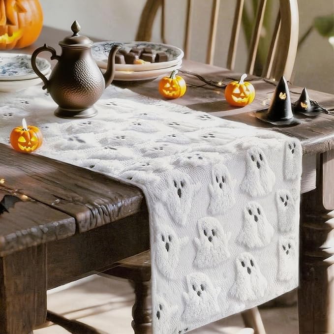 Halloween Table Runner Ghost Soft Plush Faux Fur Halloween Table Runner Hallowee Home Decor, Holiday Kitchen Dining Table Decoration for Home Party Decor 13x72 Inch-Ruum Studio Home