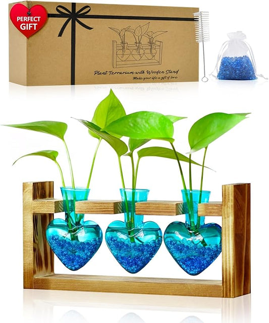 Nacome Plant Terrarium for Office Decor: Birthday Gifts for Plant Lovers Women Mom Wife - Wooden Stand Tabletop Planter 3 Bulb Glass Vase Heart Shaped for Hydroponics Indoor Home-Ruum Studio Home