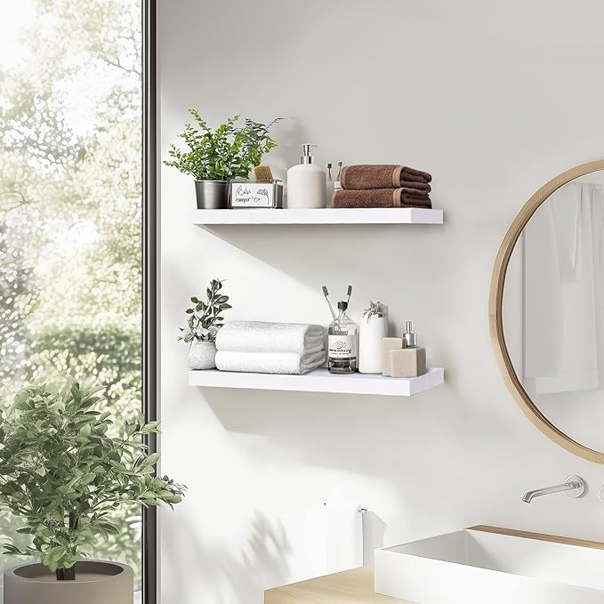 Floating Wall Shelves - 16"x6.8"x1.2" Sturdy Rustic White Solid Wood Shelves for Storage and Décor, Easy Installation for Living Room, Bedroom, and Kitchen - 2 Pack-Ruum Studio Home