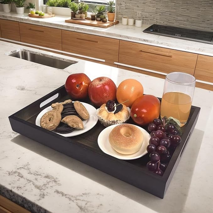 Large Bamboo Wooden Tray with Handles, Rectangular Natural Solid Wood, Black Walnut Color Serving Tray Suitable for Kitchen,Bedroom,Coffee, Party Bars. (14.9x10.2x1.57 inches)-Ruum Studio Home