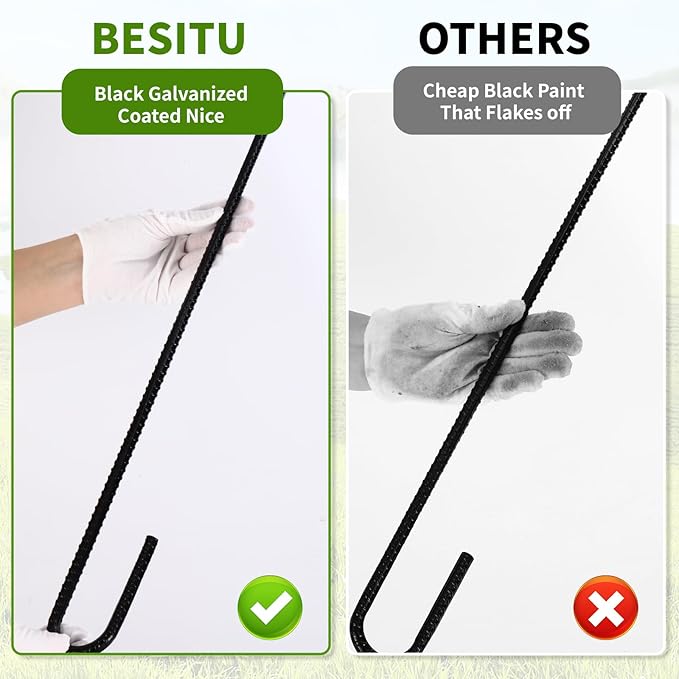 24 inches J Hook Rebar Stakes (16-Pack), Extra Long Garden Stakes with Chisel Point End Steel Rebar Ground Stakes for Tent Chain Link Fence and Outdoor Decorations Black Coated-Ruum Studio Home