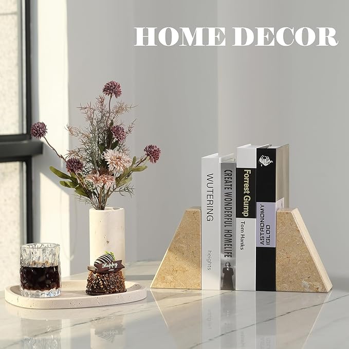 Marble Bookend for Heavy Books, Decorative Bookends for Shelves, Durable and Heavy-Duty Book End for Hardback Book & CDS, Unique Book Stopper & Holder, Pearlly Yellow, Set of 2-Ruum Studio Home