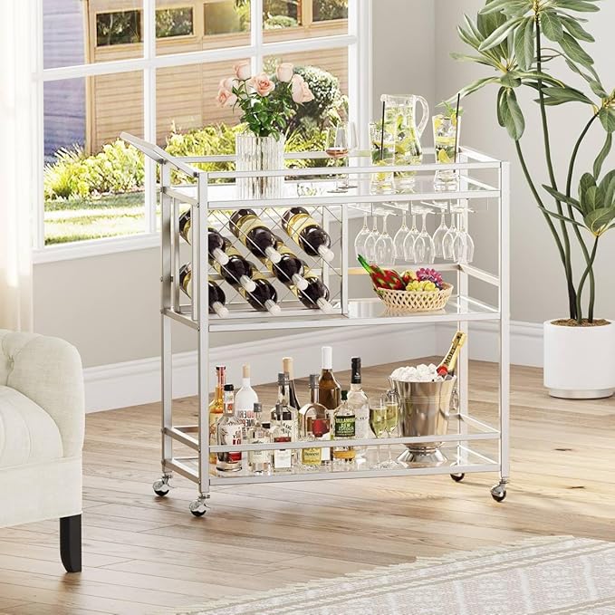 FATORRI Bar Cart Silver, Bar Carts for The Home, Home Bar Serving Carts for Liquor, Rolling Wine Cart with 3 Tier Mirrored Shelves on Wheels for Alcohol and Beverage (Silver)-Ruum Studio Home
