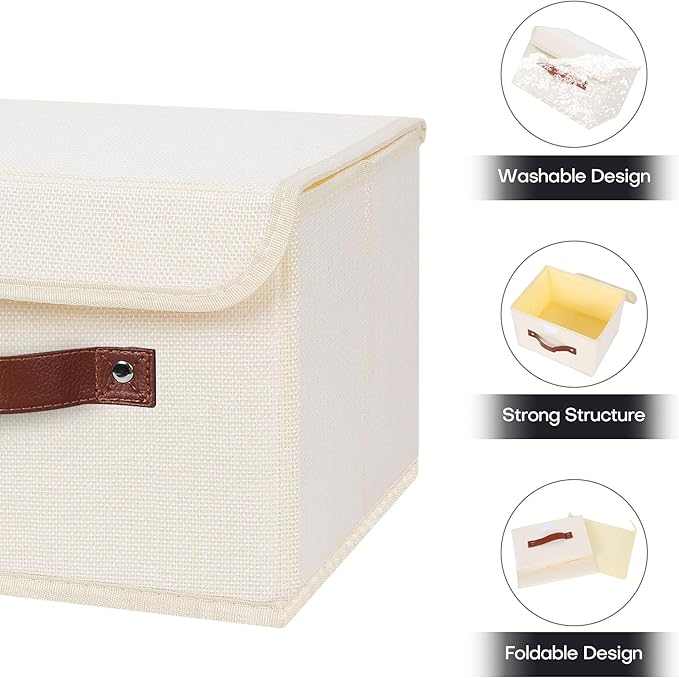 ANMINY 4PCS Storage Bins with Lid PU Leather Handles Storage Boxes PP Plastic Board Decorative Foldable Lidded Cotton Linen Fabric Home Cubes Baskets Closet Organizer Containers - Beige, Small Size-Ruum Studio Home