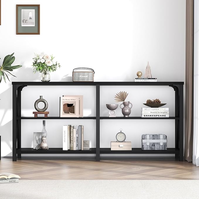 LVB Industrial Entryway Table, Farmhouse Rustic Console Tables Behind Couch, Long Metal Wooden Sofa Table with Storage Shelf, Modern Foyer Hallway Table for Living Room Bedroom, Black Oak, 63 in-Ruum Studio Home