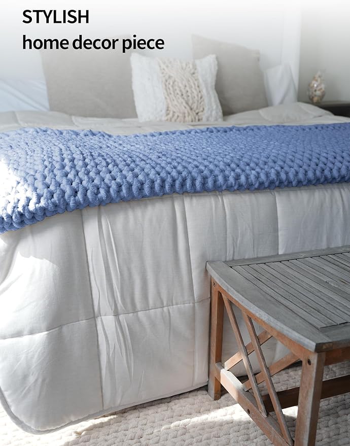 YnM Chunky Throw Blanket, Medium-Weight, Hand Knitted with Chenille Yarn, Skin Friendly, Ventilated and Breathable, Machine Washable, Home Décor Piece for Couch Sofa and Bed (Chambray Blue 40x50 Inch)-Ruum Studio Home