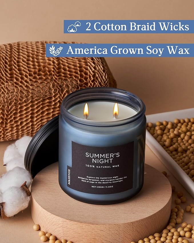 M&SENSE Summer's Night Scented Candle, 11.6oz Natural Soy Wax Clean Non Toxic for Home, Medium 2 Wick Gifts for Men, Up to 70 Hours Burn time, Manly Candles for Bedroom-Ruum Studio Home