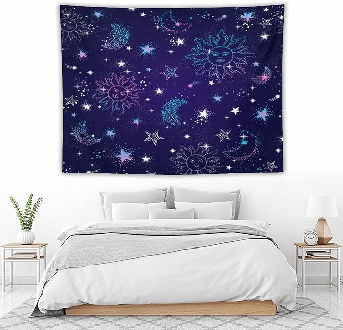 HZOHNAGO Boho Sun Moon Tapestry Purple Blue Sun Stars Galaxy Pattern Printed Wall Tapestry Wall Hanging for Bedroom Living Room Dorm 80" W x 60" H-Ruum Studio Home