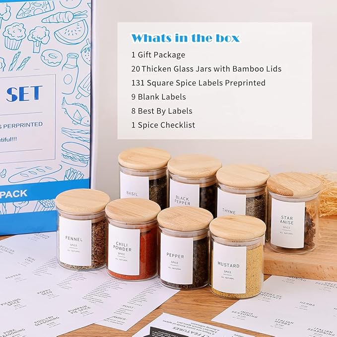 Glass Spice Jars with Bamboo Lids - 20 Pcs Thicken(2.4mm) 6oz Airtight Seasoning Containers with 131 Waterproof Minimalist Spice labels Preprinted - Small herb Jars for Pantry Organization and Storage-Ruum Studio Home