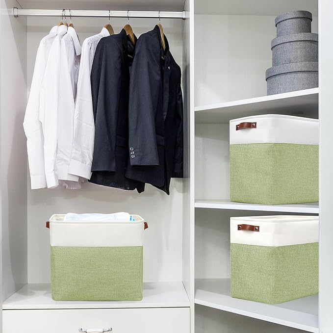 Large Fabric Storage Baskets | 50L Storage Bins, Decorative Linen Closet Baskets with Handles for Organizing, Shelf, Toys, Clothes, Home, Office, Nursery, 17x12x15Inches (Green&White)-Ruum Studio Home