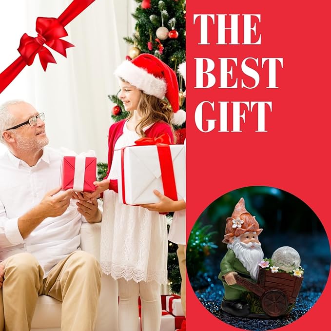 Solar Garden Gnome Statue with Crackle Glass Globe Lights, Waterproof Outdoor Decor for Patio, Lawn, or Yard, Whimsical Housewarming Gift(Green Gnomes)-Ruum Studio Home