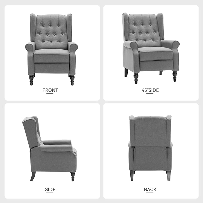 Mid Century Wingback Recliner Chair for Adults, Modern Linen Fabric Push Back Recliner Chairs with Button Tufted Upholstered Back & Footrest, Manual Recliner Chais for Living Room, Nursery, Gray-Ruum Studio Home