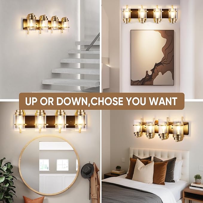 Black Gold Wall Sconces,Bathroom Vanity Light Fixtures,4 Lights Black Sconce Over Mirror,Farmhouse Bathroom Lights(Bulbs not Included)-Ruum Studio Home
