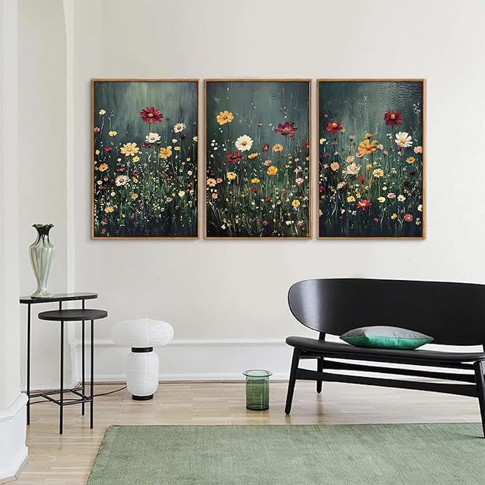 SIGNINART Vintage Floral Framed Canvas Wall Art, Dark Moody Wildflowers Wall Decor, Boho Abstract Flowers Artwork, Colorful Botanical Aestheticrt Art Paintings for Bedroom Living Room Office 16"x24"x3-Ruum Studio Home