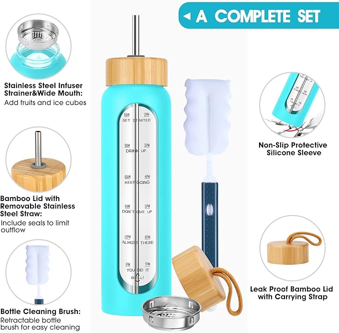 32 oz Glass Water Bottle with Straw - Motivational Time Marker & Silicone Sleeve - Reusable Tumbler Includes 2 Bamboo Lids & Fruit Infuser - 1 Pack-Ruum Studio Home