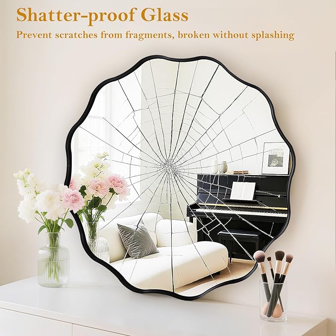 Fabuady Black Round Wavy Edge Mirror - 24'' Circle Wall Mirror with Metal Frame, Decorative Hanging/Leaning Mirror for Bathroom, Bedroom, Living Room, Hallway, Entryway, Office, Home Decor-Ruum Studio Home