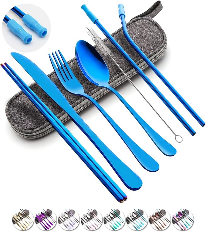 Travel Utensils Set with Case Reusable Portable Cutlery Set Stainless Steel 8pcs Including Dinner Knife Fork Spoon Chopsticks straws(Blue)-Ruum Studio Home