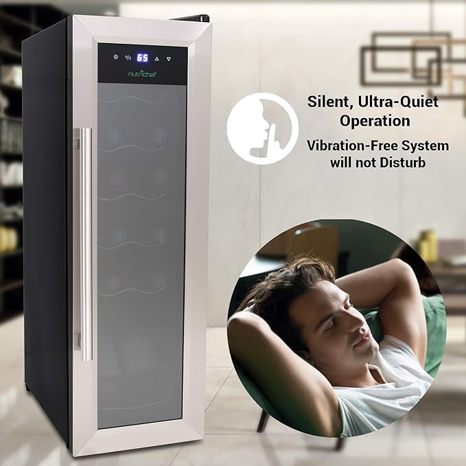 NutriChef PKCWC12 12 Bottle Cooler Refrigerator White and Red Countertop Chiller, Freestanding Compact Mini Wine Fridge with Digital Control, Stainless Steel-Ruum Studio Home