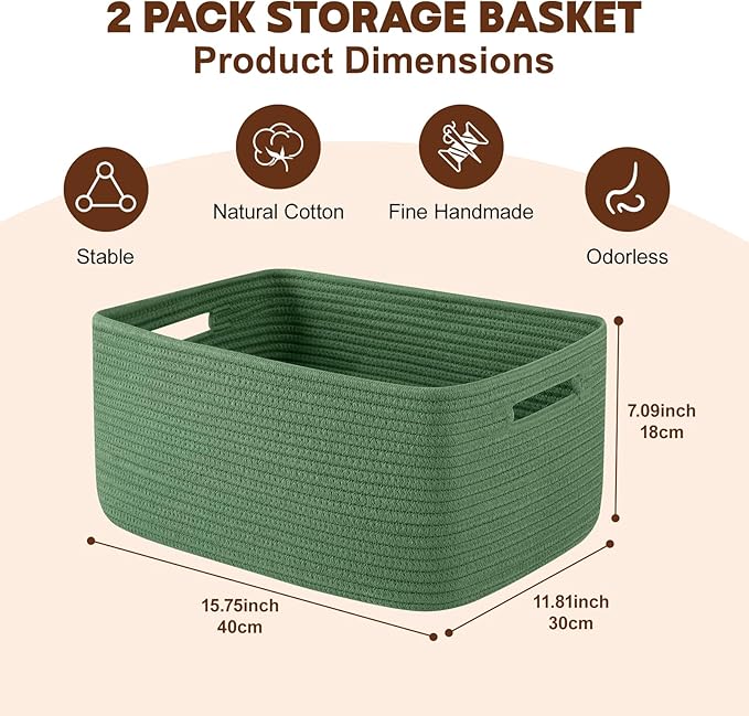 OIAHOMY Storage Basket for Shelves, Closet Cube Storage Bins Baskets for Clothes Blanket Towels, Baby Nursery, Toy Baskets Box, Woven Rope Basket, 17.72*12.99*7.87 IN, 2 Packs Olive Green-Ruum Studio Home