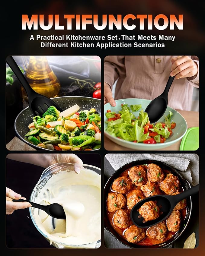 Silicone Cooking Spoons, Great for Scooping Sides and Serving Hearty Stews, BPA-Free Matte Silicone, Wooden Handle Serving Spoon for Nonstick Cooking Surfaces (Black)-Ruum Studio Home