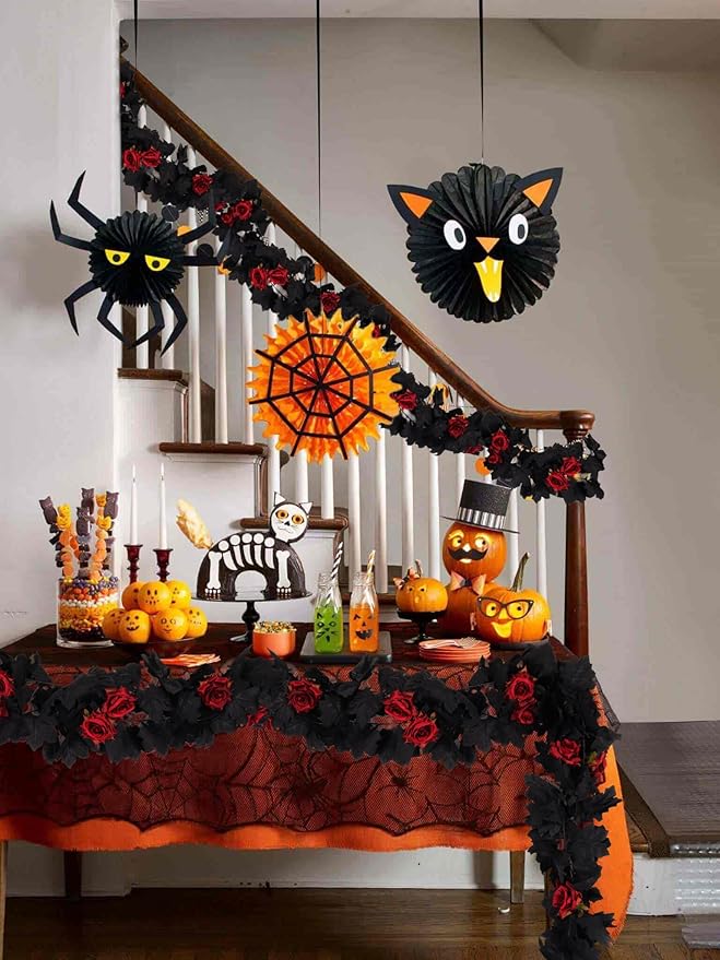 Artificial Black Garland Hanging Vine Artificial Floral Vines Fall Garland Hanging Flower Fake Rose Vines for Black and Burgundy Wedding Decor Halloween Indoor Outdoor Party Wall (Red Rose)-Ruum Studio Home