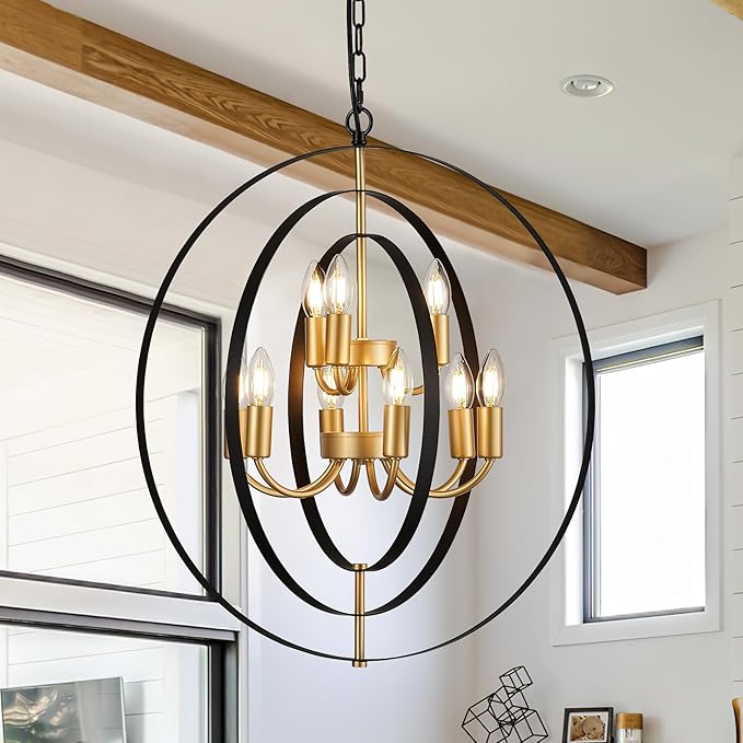 9-Light Globe Rustic Metal Chandelier, 23.6" Black Gold Adjustable Hanging Ceiling Pendant Light Fixture for Entryway Foyer Stairway Bedroom Dining Living Room Hallway-Ruum Studio Home